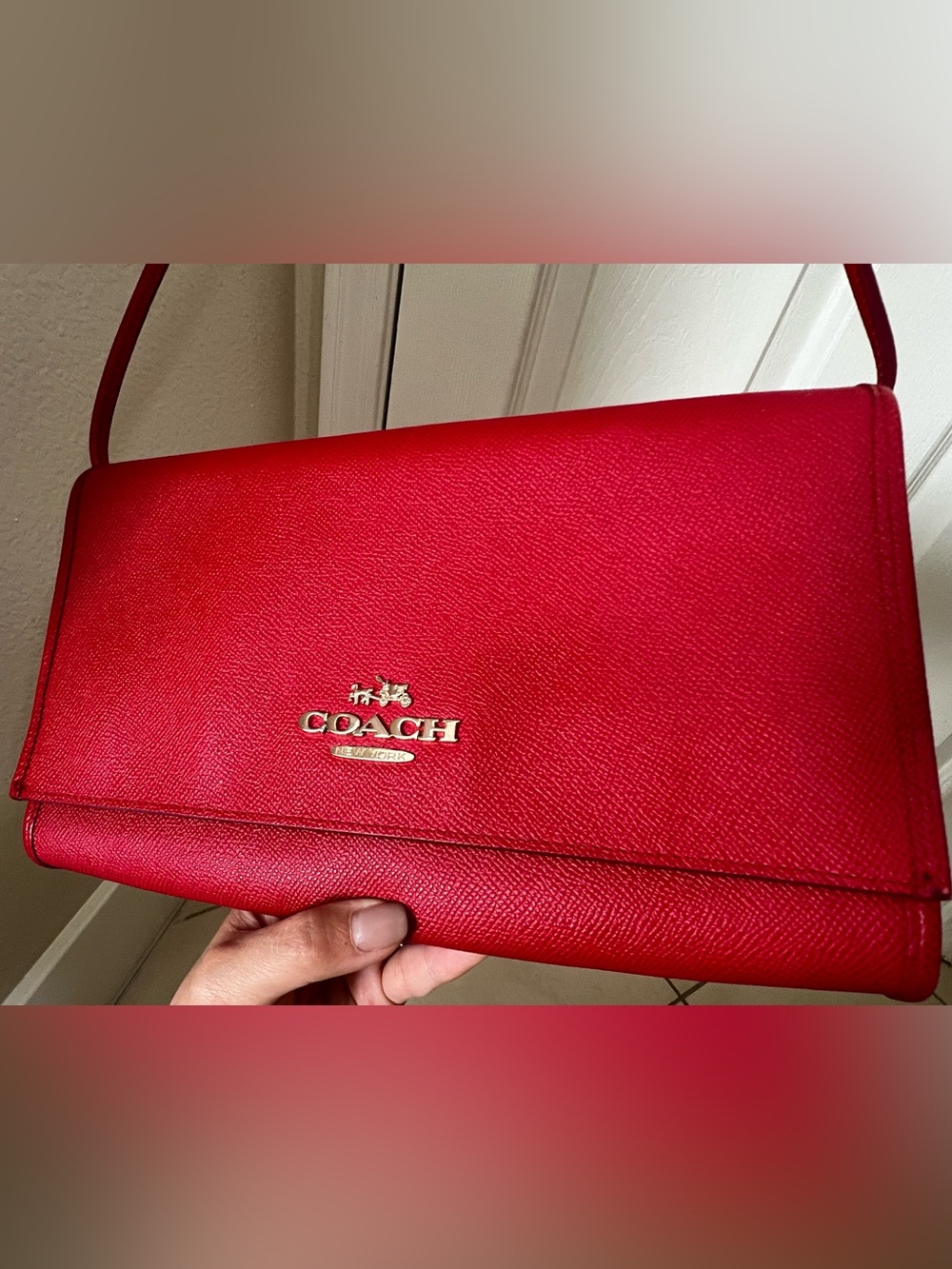 Coach Red Leather Foldover Wallet with Gold Logo